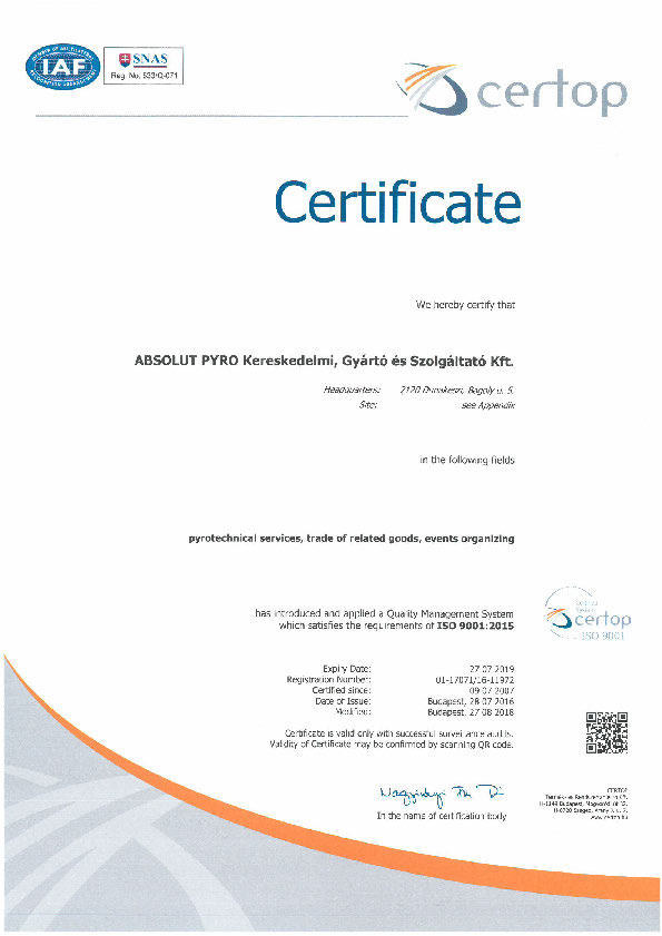 Absolut Pyro ISO 9001:2015 – 2018