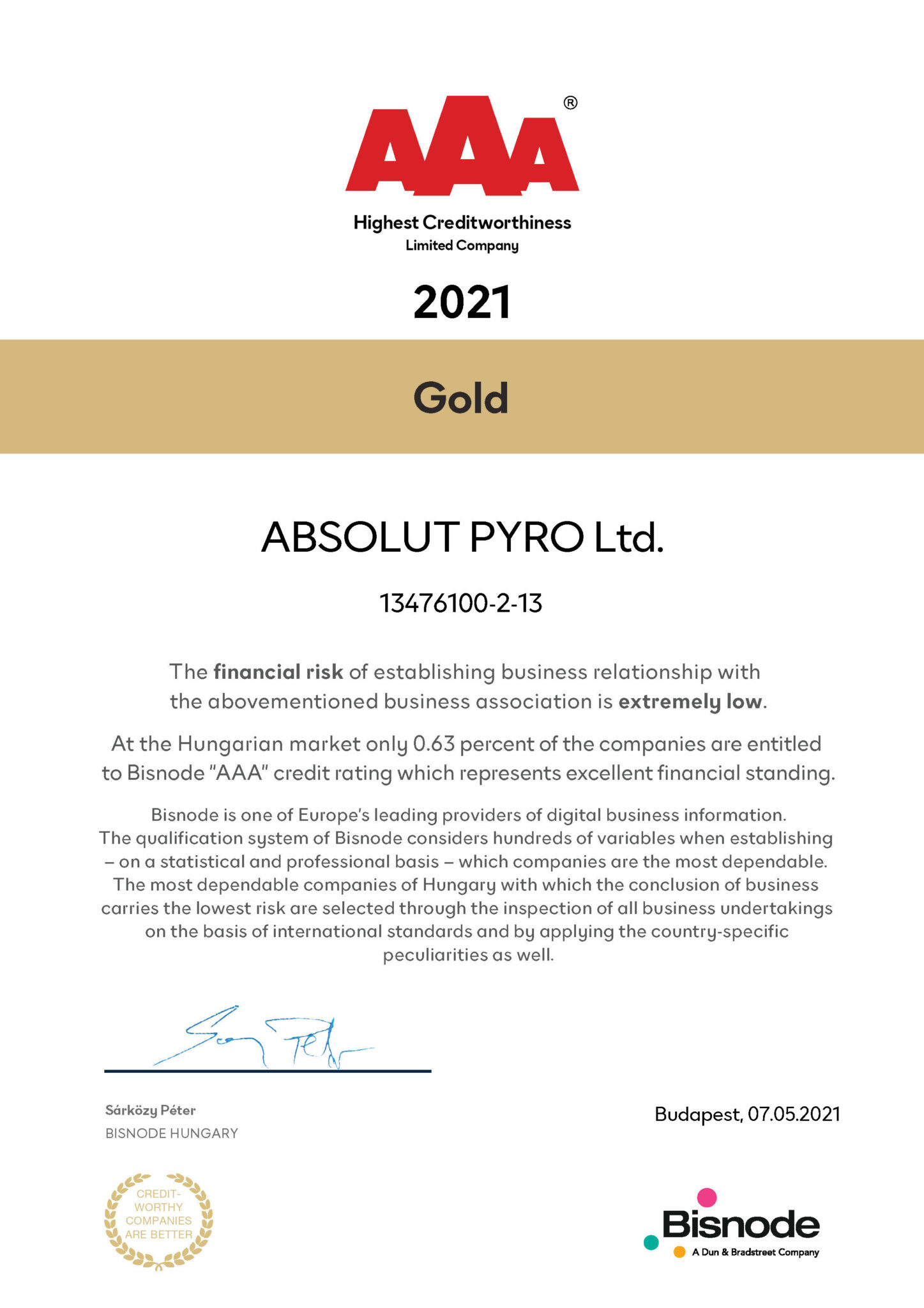 Bisnode gold certificate - Absolut Pyro Ltd. AAA creditworthy company 2021