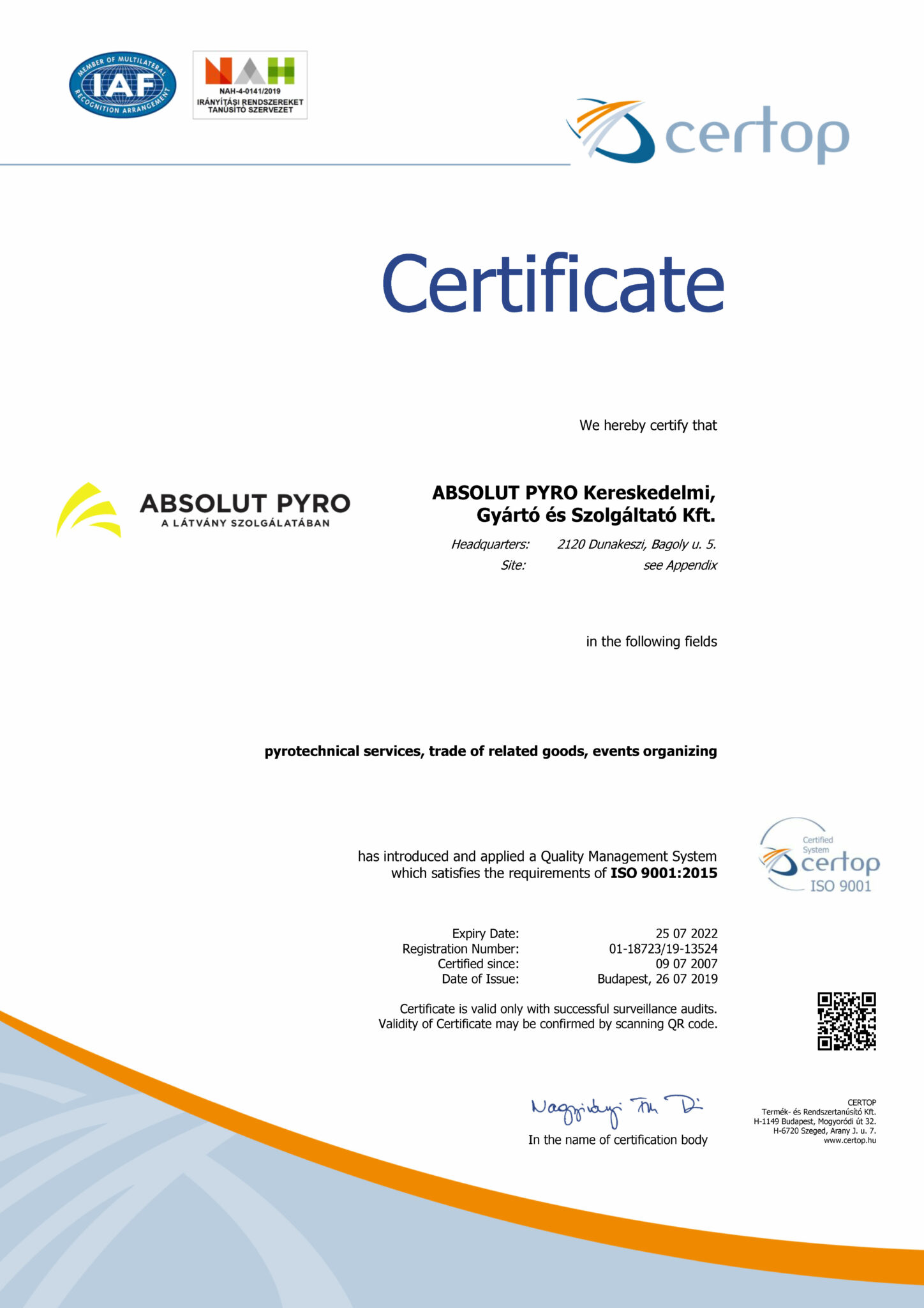 ISO 9001:2015 cetificate - Absolut Pyro Ltd. 2019