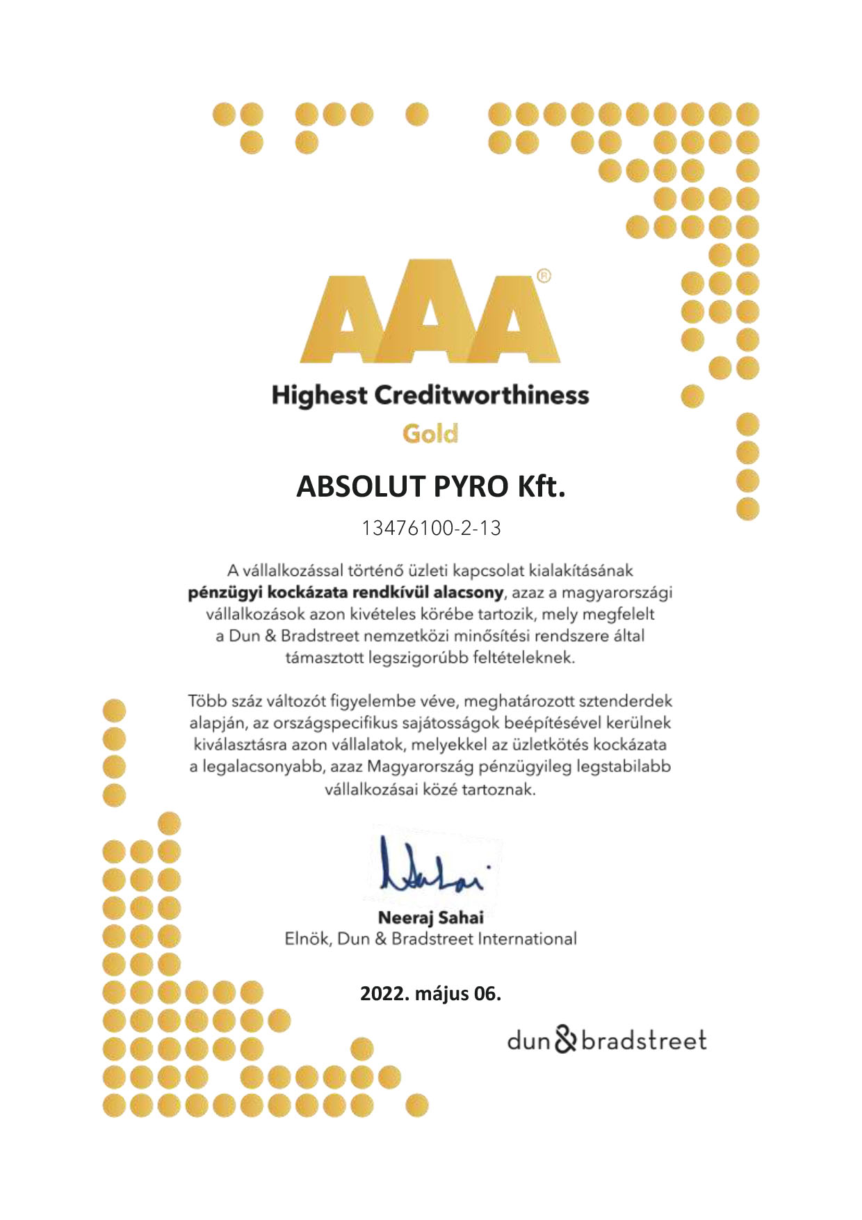 AAA Highest Creditworthiness Gold – Dun&Bradstreet