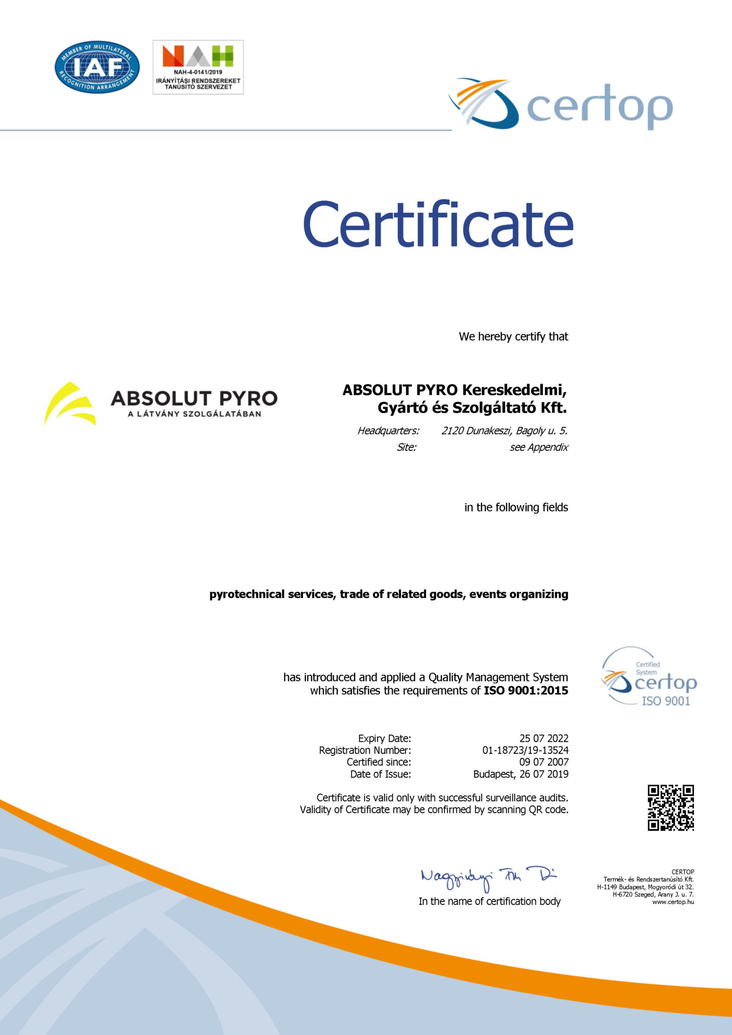 Absolut Pyro ISO 9001:2015 | 2019